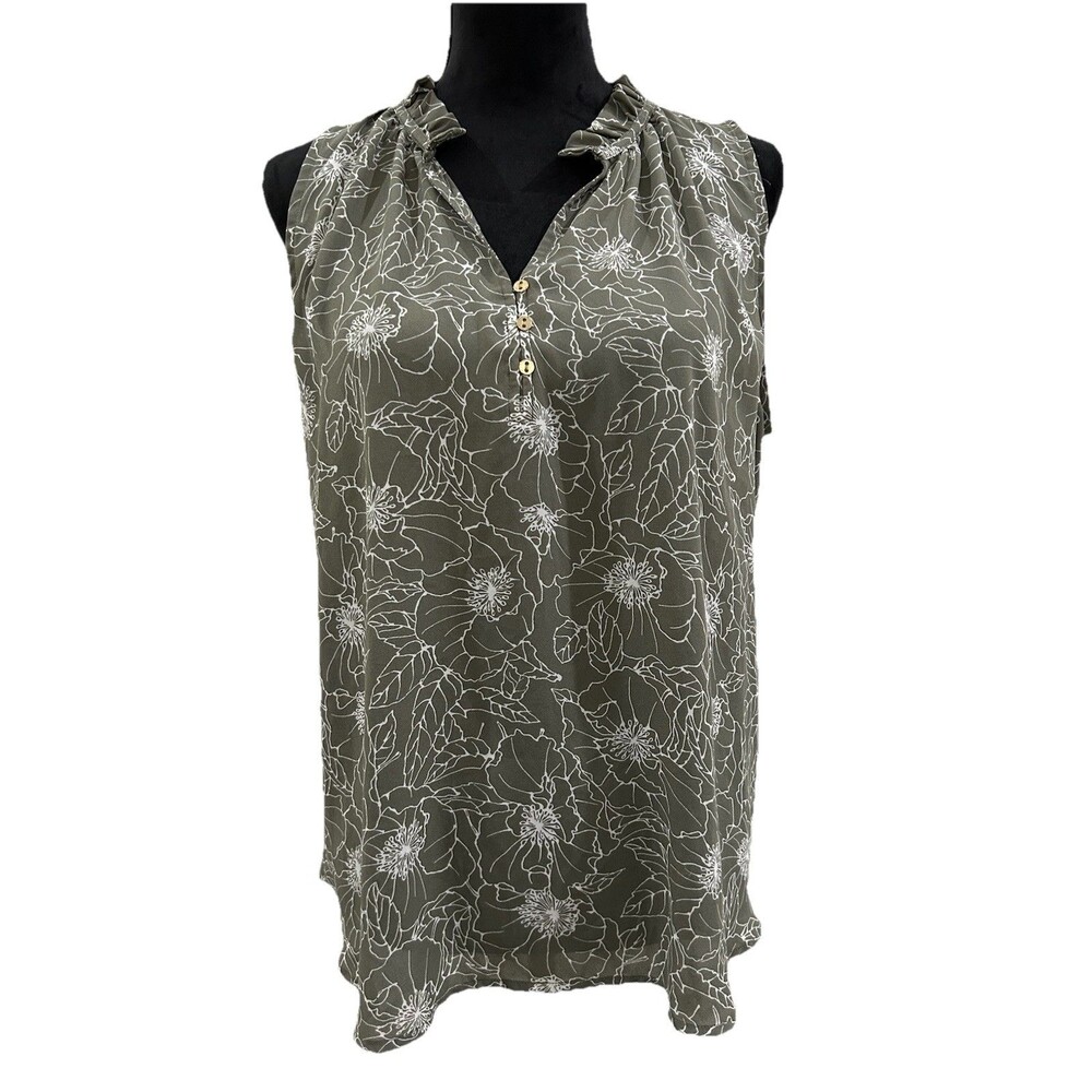 Loft Womens Size Medium Top Gray White Floral Print Sleeveless Ruffle V Neck